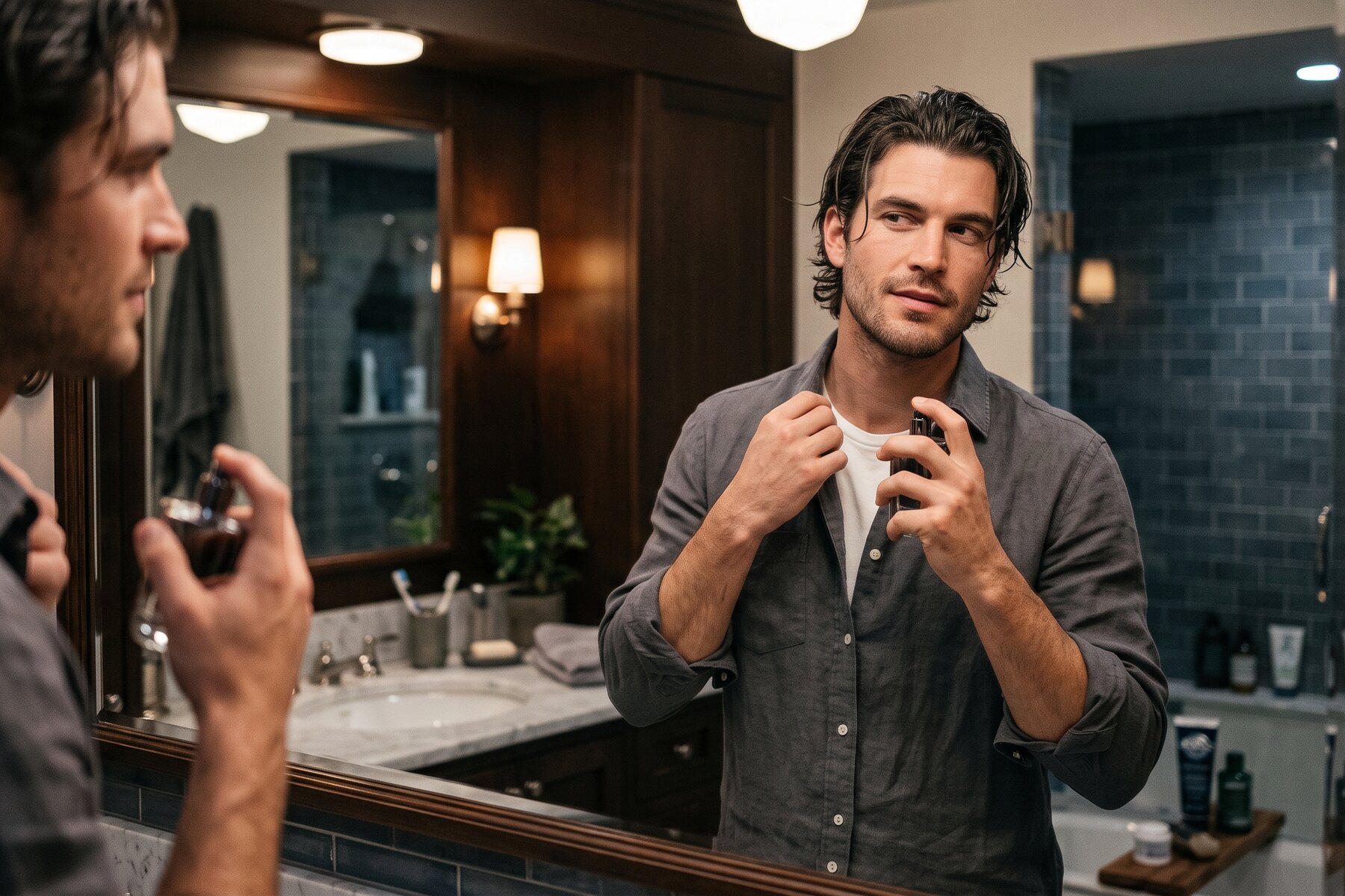 Man applying fragrance to his neck at a bathroom mirror