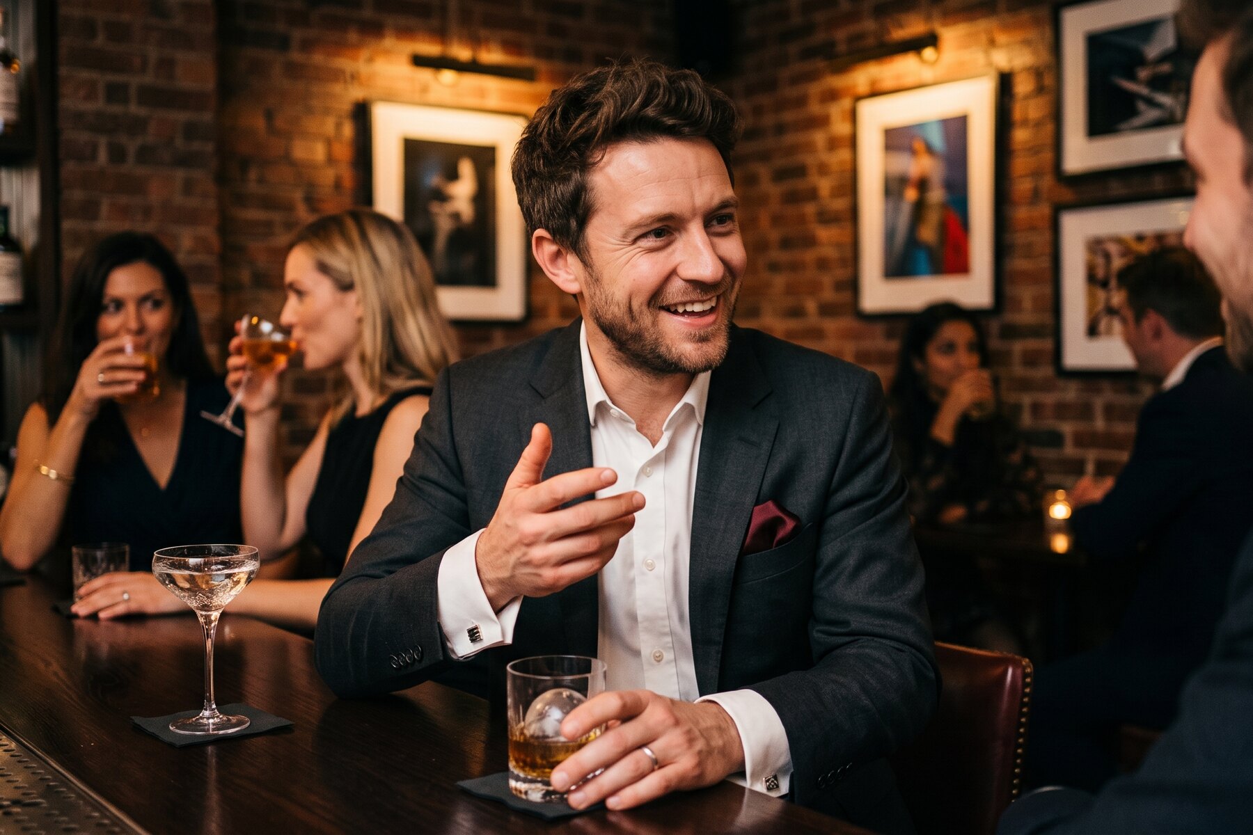Man laughing mid-conversation at a bar